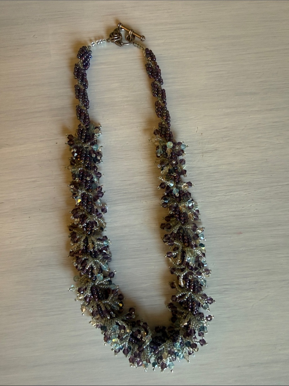 Purple Beaded Cluster Necklace with Crystal Accents